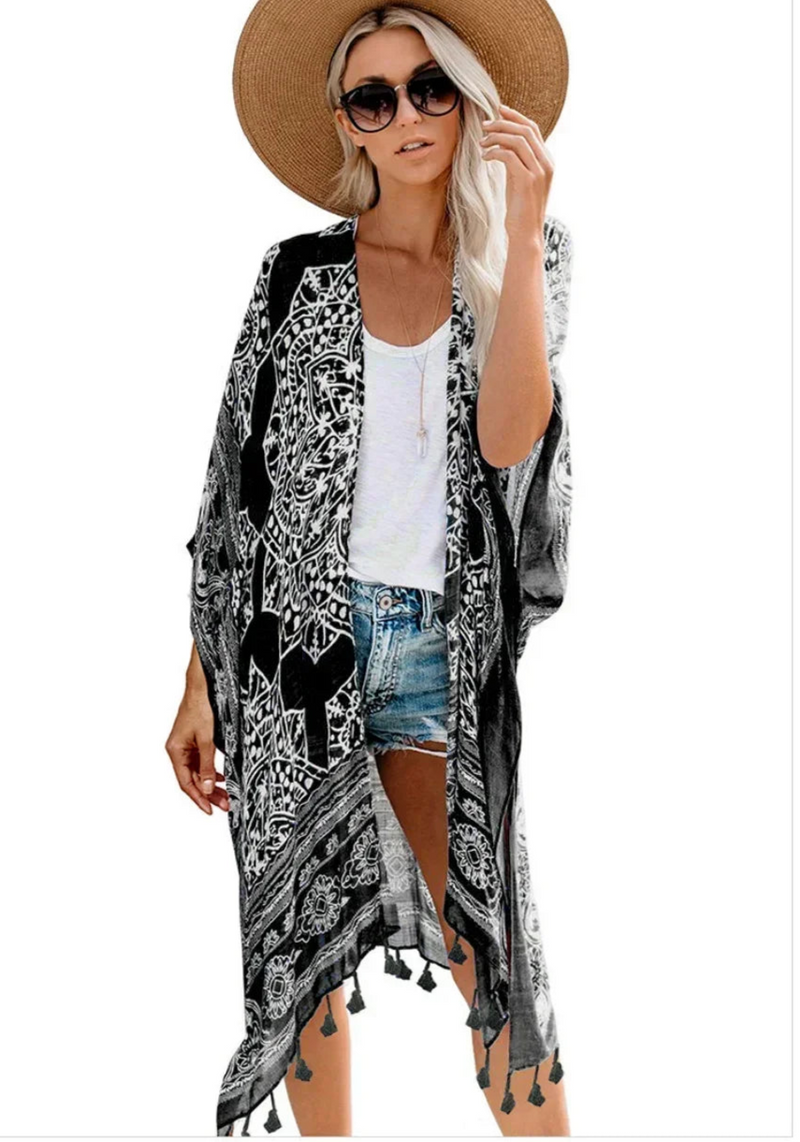 Saída de Praia Feminina 2025 – Kimono Longo Boho com Franjas, Estampado, Sexy e Plus Size | Túnica Elegante para Biquíni e Moda Praia"