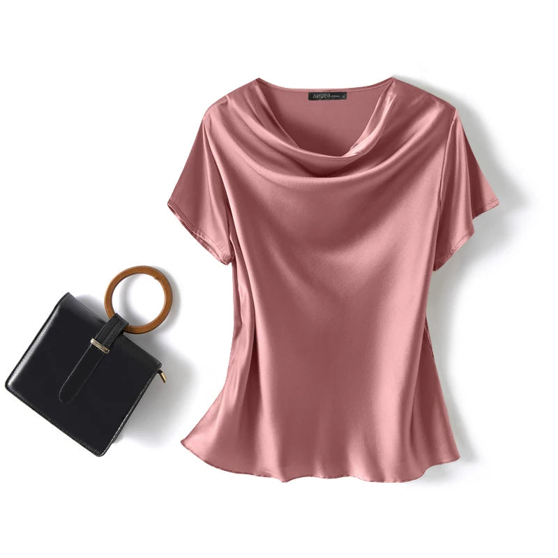 Blusa Feminina ZANZEA – Cetim Brilhante com Decote Cowl, Manga Curta Elegante e Casual