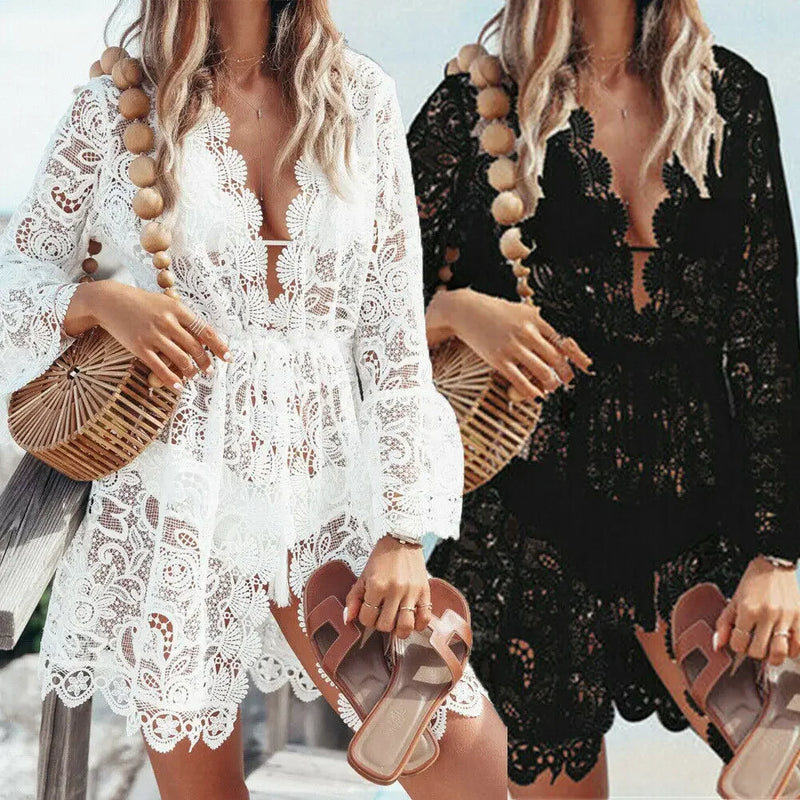 Vestido de Renda Branco Boho – Decote em V, Estilo Crochê, Saída de Biquíni Praia