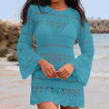"Vestido Curto de Praia em Tricô – Decote Redondo, Manga em Sino,e Vazado, Saída de Praia Sexy