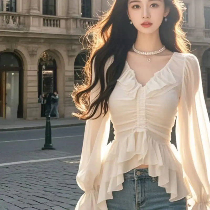 ✨ Blusa V com Manga Bufante e Tassel