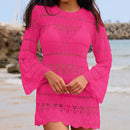 "Vestido Curto de Praia em Tricô – Decote Redondo, Manga em Sino,e Vazado, Saída de Praia Sexy