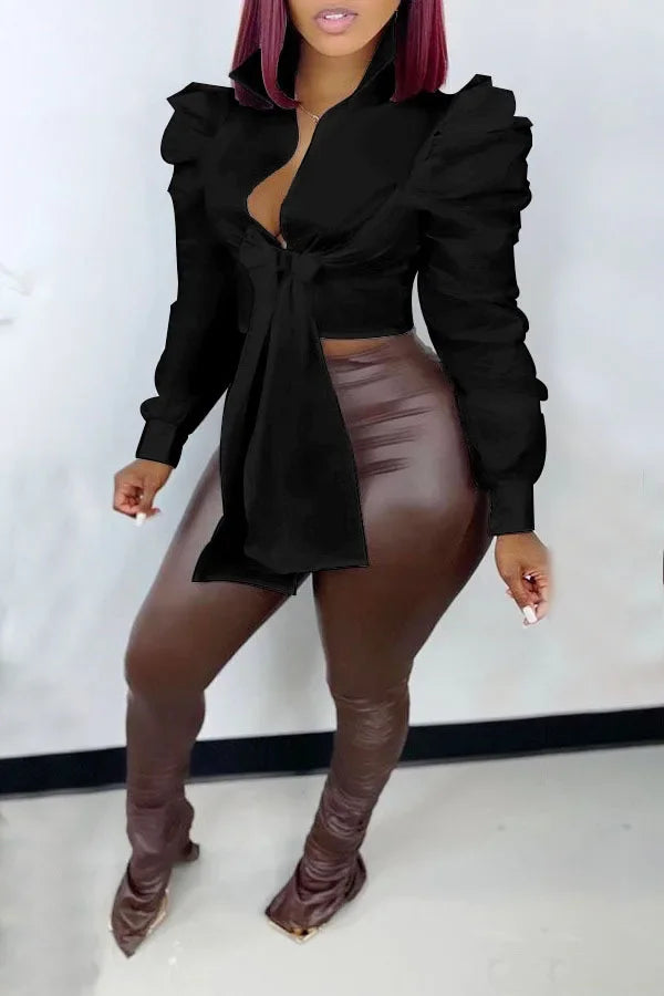 blusa Feminina M3004 – Decote V, Manga 3/4, Casual, Amarração Frontal