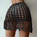 Saída de Praia Feminina  Curta Tricô, Vazado, Franjas, Fenda Lateral