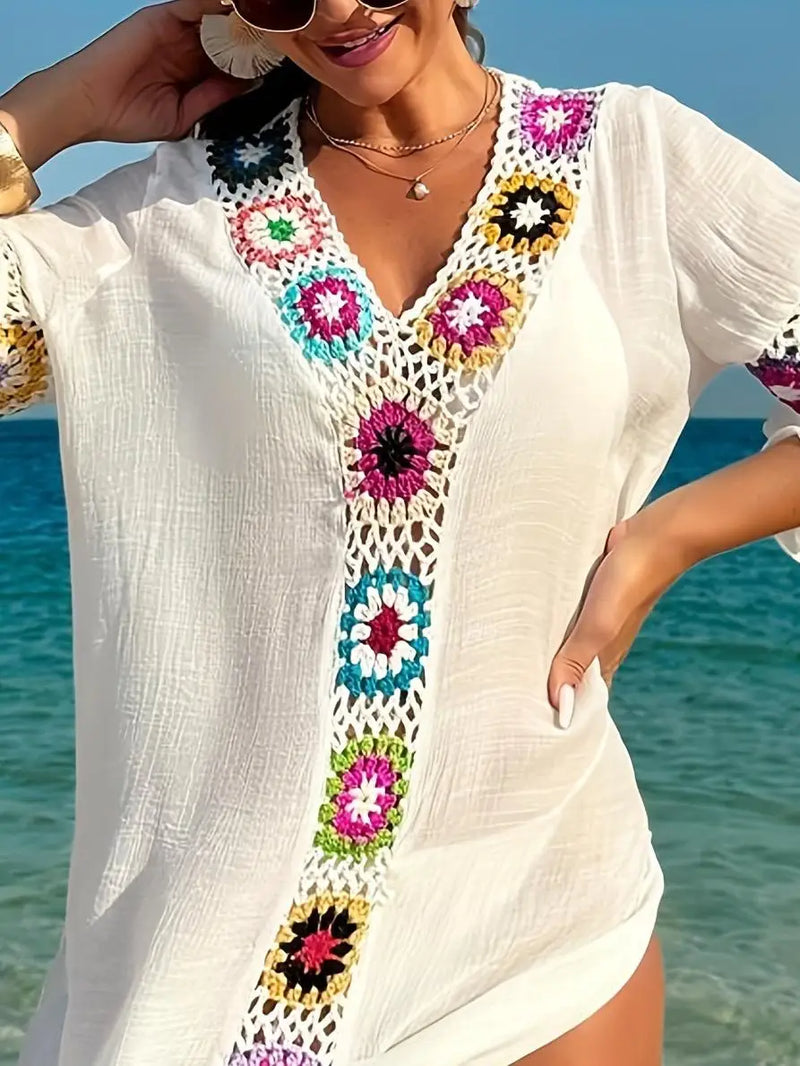 Saída de Praia em Crochê Flor – Vestido Transparente, Respirável  para Férias e Verão