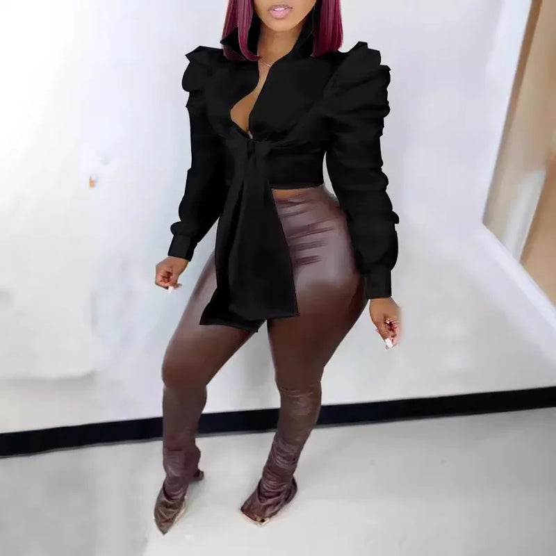 blusa Feminina M3004 – Decote V, Manga 3/4, Casual, Amarração Frontal