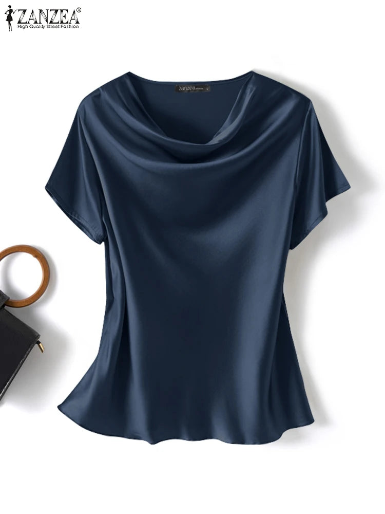 Blusa Feminina ZANZEA – Cetim Brilhante com Decote Cowl, Manga Curta Elegante e Casual
