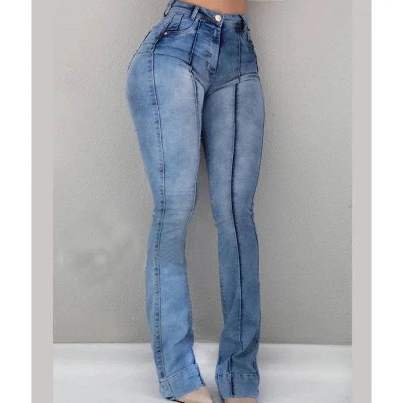 calça Jeans Feminina Slim Fit Boca de Sino – Cintura Alta, Jeans Elástico