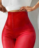 Calça Casual Feminina Slim Reta PU com Spandex – Cintura Média, Até o Tornozelo