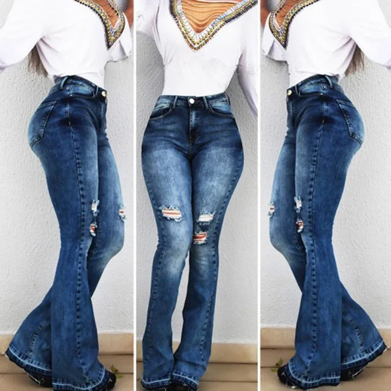 calça Jeans Feminina Slim Fit Boca de Sino – Cintura Alta, Jeans Elástico