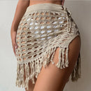 Saída de Praia Feminina  Curta Tricô, Vazado, Franjas, Fenda Lateral