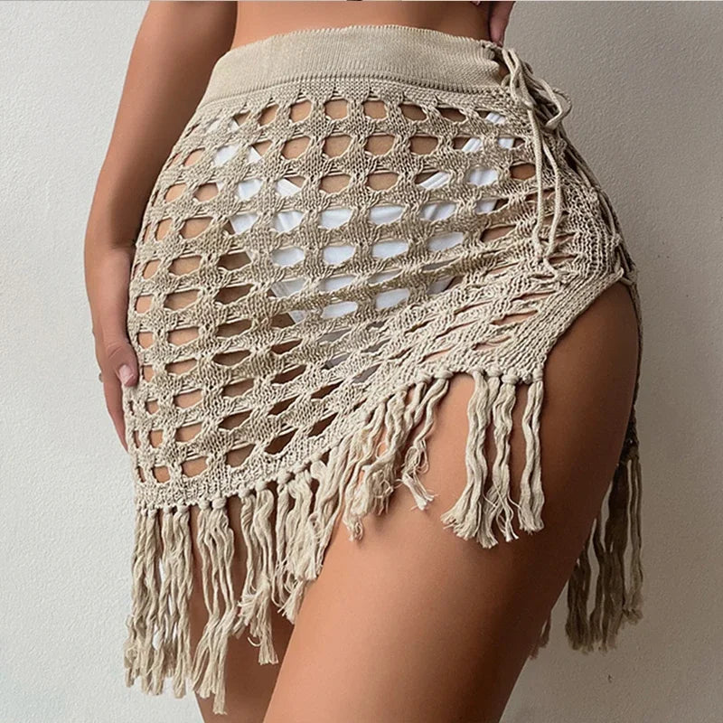 Saída de Praia Feminina  Curta Tricô, Vazado, Franjas, Fenda Lateral