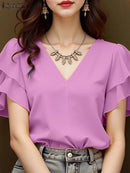 Blusa Feminina ZANZEA 2025 – Manga Curta com Babados, Decote V, Regular Fit