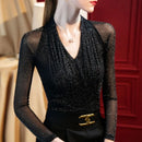 Blusa Feminina Decote V – Manga Longa  com Detalhe em Patchwork,