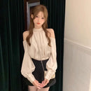 Blusa Feminina Streetwear – Manga Longa Flare com Pérolas,Estilo Elegante para Primavera/Verão"