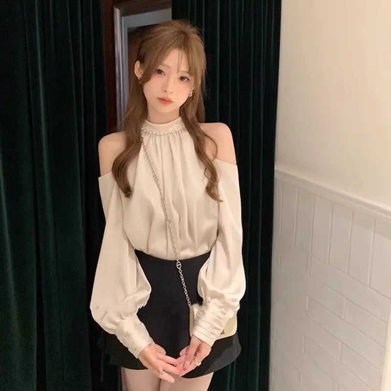 Blusa Feminina Streetwear – Manga Longa Flare com Pérolas,Estilo Elegante para Primavera/Verão"