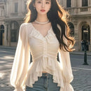 ✨ Blusa V com Manga Bufante e Tassel