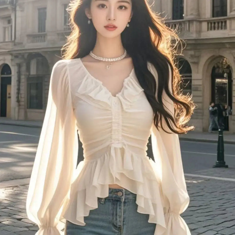 ✨ Blusa V com Manga Bufante e Tassel