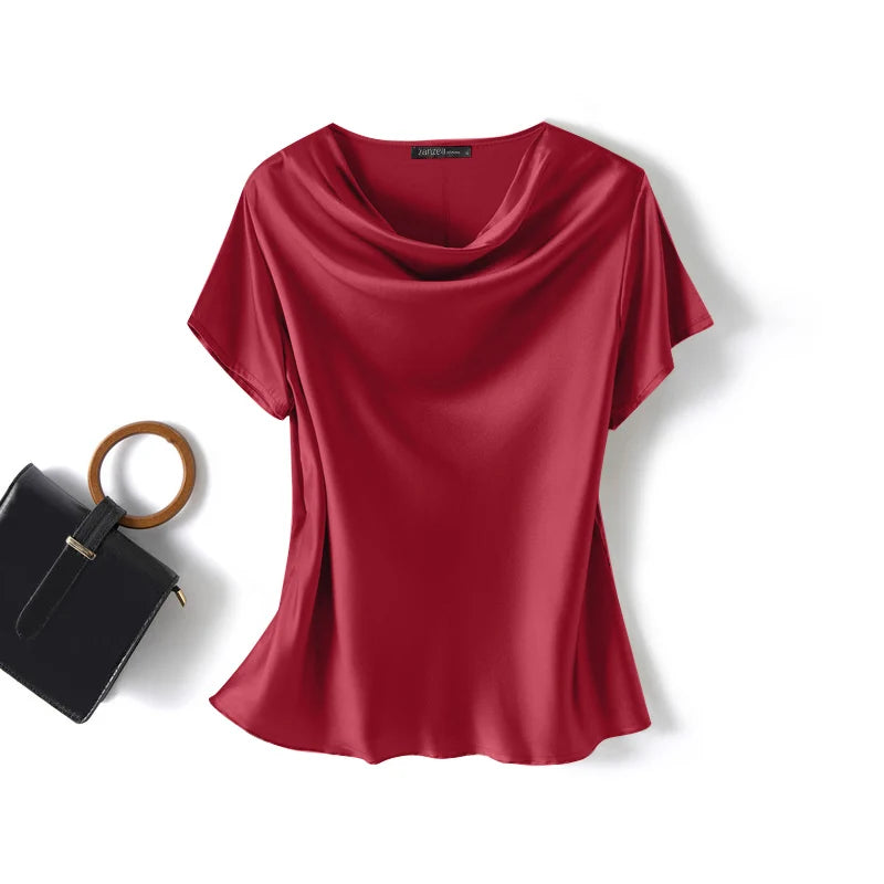 Blusa Feminina ZANZEA – Cetim Brilhante com Decote Cowl, Manga Curta Elegante e Casual