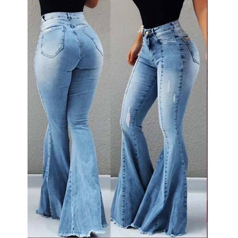 calça Jeans Feminina Slim Fit Boca de Sino – Cintura Alta, Jeans Elástico
