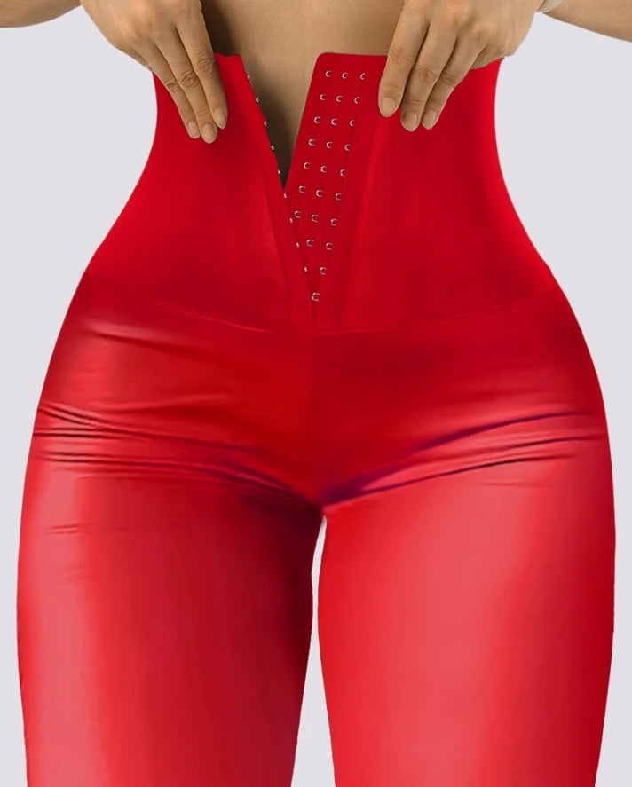 Calça Casual Feminina Slim Reta PU com Spandex – Cintura Média, Até o Tornozelo