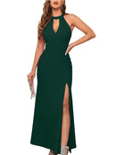 Vestido Longo Feminino – Fenda Lateral, Sem Mangas, Decote Alto, Elegante para Festa e Coquetel