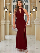 Vestido Longo Feminino – Fenda Lateral, Sem Mangas, Decote Alto, Elegante para Festa e Coquetel