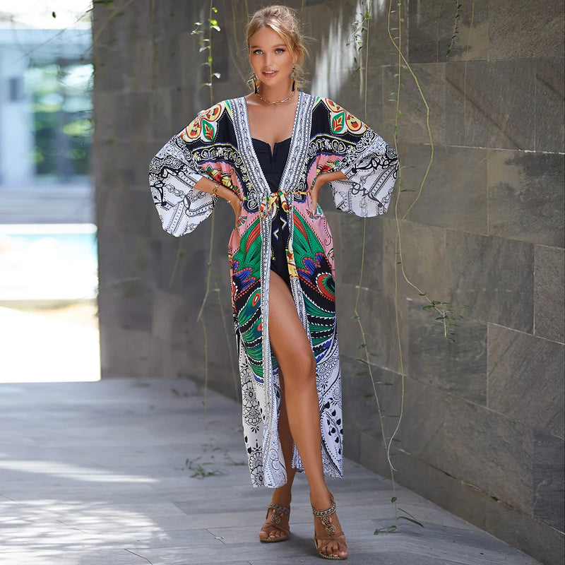 Saída de Praia Feminina de Algodão – Cardigan com Cinto, Proteção Solar